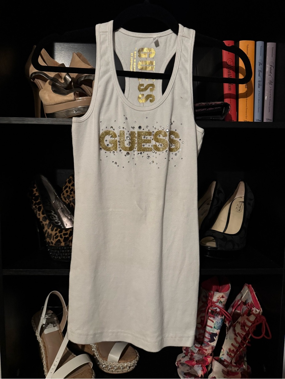 GUESS White Tank top with Gold Logo and Rhinestones